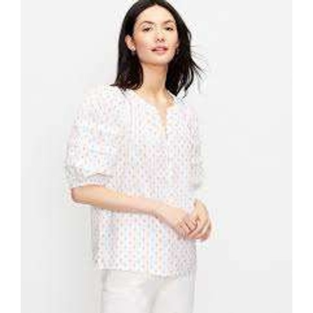 LOFT Clipped Dot Blouse Women Small White Multi Puff Sleeve Cotton Top